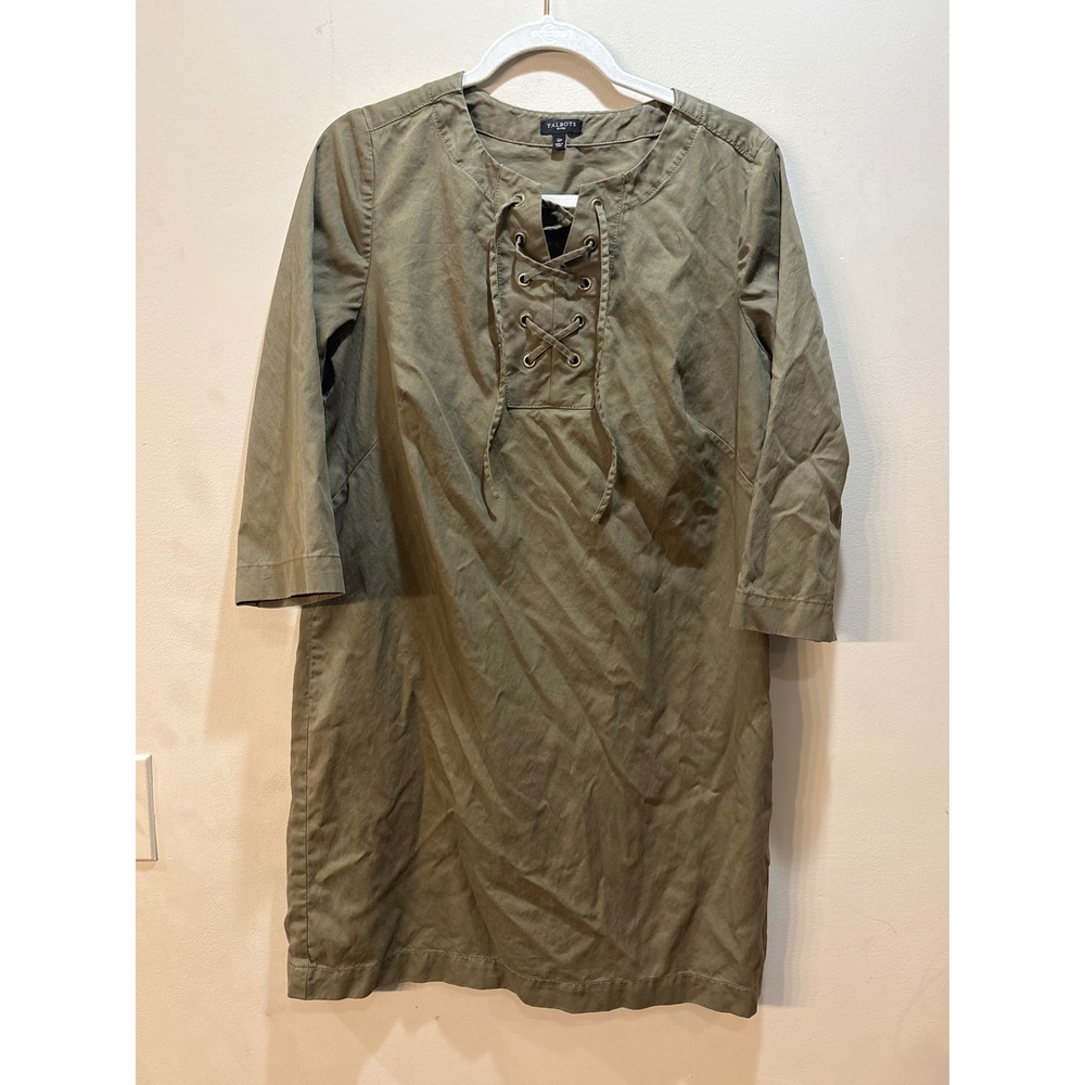 Talbots Petites 12P Olive Green Lace Up Shift Dress Tencel Cotton Twill